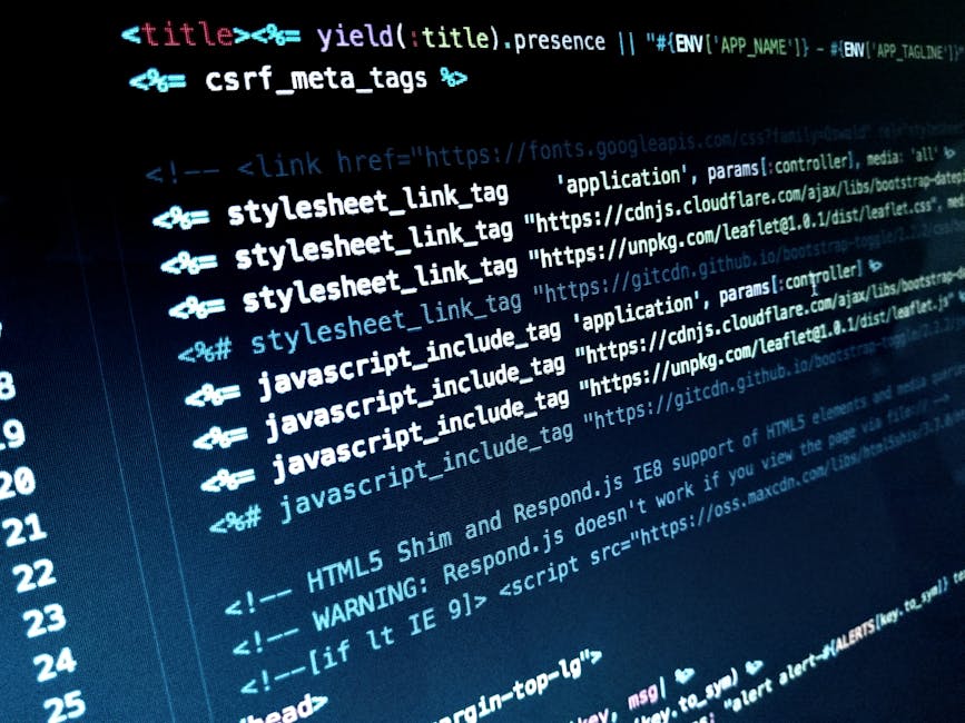 A close-up digital display of computer code on a dark screen, primarily featuring white and light blue text. The code includes HTML tags such as <title>, <style>, and <script>, as well as commented li